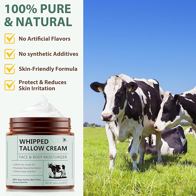 WHLH & WELL-BEING Beef Tallow for Skin, Beef Tallow and Honey Balm, All-Natural Ingredient Moisturizer for Face & Body Skin Care 1Pack