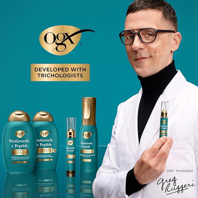 OGX ProGrowth + Peptide Clarifying Shampoo, Gentle Exfoliating Scalp Shampoo Supports Natural Hair Growth by Removing Scalp Build-Up, 1.5% Mandelic Acid, 13 fl. oz