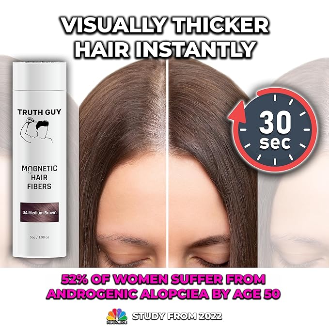Truth Guy Magnetic Hair Building Fibers for Thinning Hair - Adds Volume & Thickness with Static Electricity Technology - Easy Application for Men & Women, Quick Results, Mess-Free. 2 oz. Medium Brown