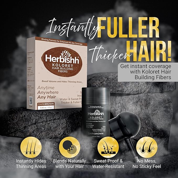 Herbishh Koloret Hair Building Fibers – Dark Brown Powder for Men & Women, Instant Bald Spot Cover-Up & Scalp Concealer – Sweat-Proof & Water-Resistant Fibers for Thinning Hair, 12g