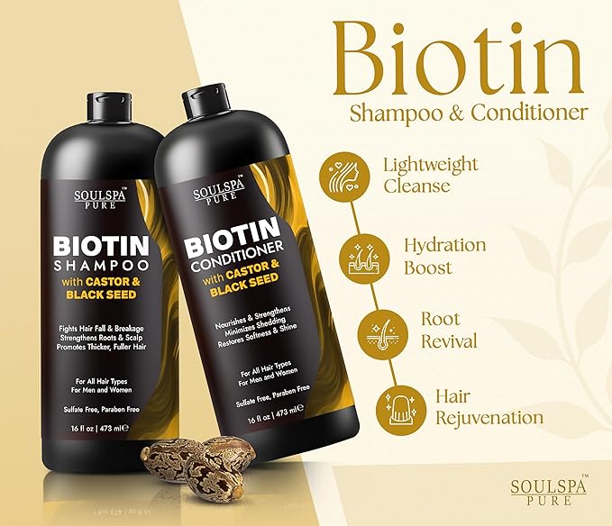 Castor Oil & Black Seed Biotin Shampoo and Conditioner Set - Sulfate Free Nourishing Formula for Thinning Hair & Dry Scalp - Deep Moisture for Men & Women - Made in USA - 16 fl oz Each