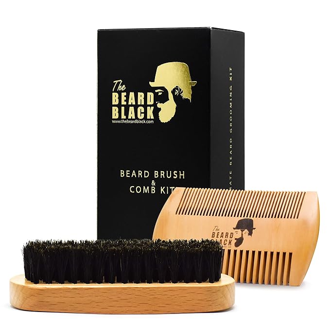 Beard Brush & Comb Set for Men - Natural Boar Bristle Brush, Dual Action Pear Wood Comb, Gift Box & Travel Pouch. Enhances Growth & Styling with Balm Oil Distribution by The Beard Black (Black)