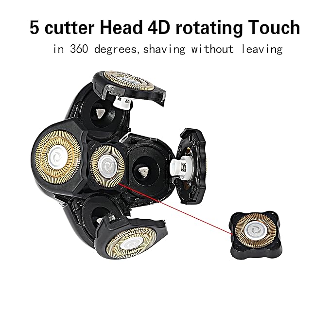 5D Men's Electric Shaver Replacement Heads Bald Replacement Heads Replacement 5 Heads Razor Blades Wet and Dry Compatible Waterproof with Blade Cover(Gold)