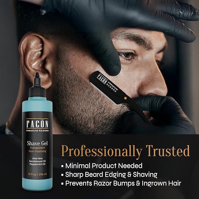 Facón Transparent Shaving Gel for Men w/Aloe Vera, Cooling Menthol, Peppermint & Sandalwood Oil Scent – Clear Non Foaming Straight Razor Shave Gel, Barber Shaving Gel to Prevent Razor Bumps, 10 fl oz