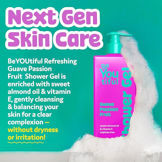 BeYoutiful Natural Hydrating Body Wash for Kids & Teens, Easter Basket Stuffers, Guava Passion Fruit Exfoliating Gel, Acne-Prone Sensitive Skin Care, 32 oz, Easter Gifts for Kids
