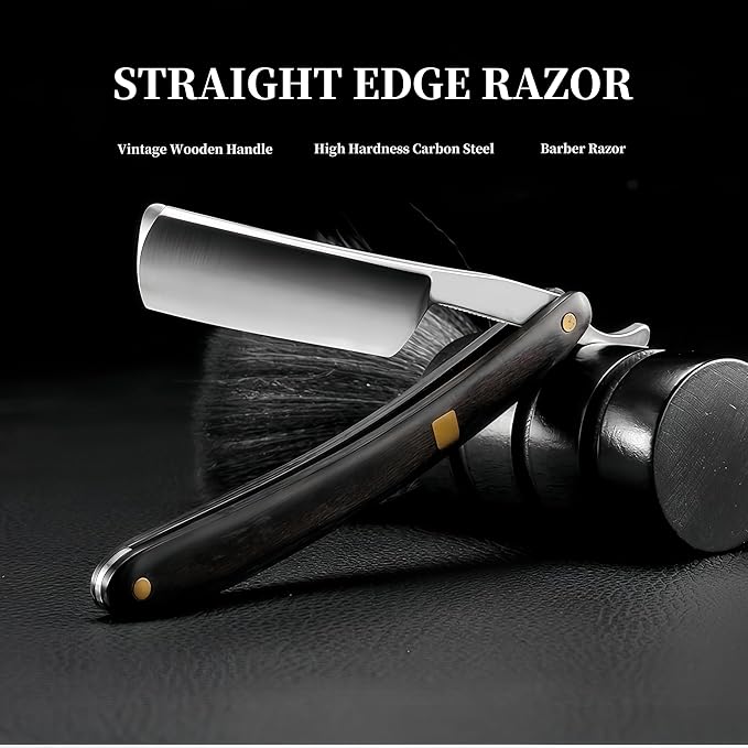 Straight Edge Razor Shaving Kit, Including Steel Shaver & Shaving Brush & Wooden Beard Comb & Brush, Beard Grooming Scissors, Idea Gift for Christmas, Birthday, Father for Men