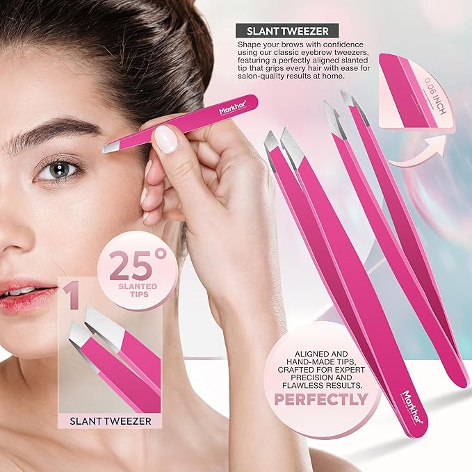 MARKHOR® Pink Aura Eyebrow Tweezers for Women Facial Hair, Splinter and Ingrown Hair Removal Tweezers Set, Professional Pointed and Slant Tweezers for Eyebrows, Precision Tweezers for Eyebrows