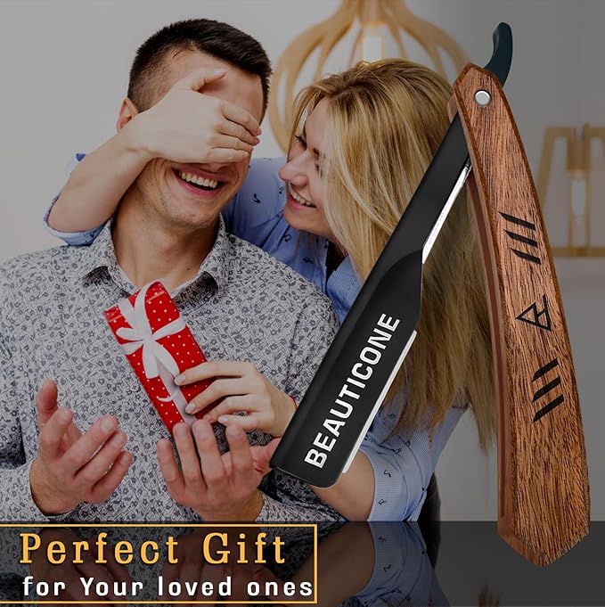 BEAUTICONE Straight Razors for Men, Straight Edge Razor with 100 Single Edge Blades, Stainless Steel, Barber Razor for Men's Shaving, Barber Shaving Knife, Wooden Handle, Slide-Out
