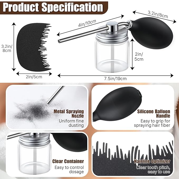 Hair Building Fiber Spray with Hairline Optimizer, Hair Fibers Spray for Hair-building, Portable Fiber Powder with Nozzle, Hairline Building Powder Accessory(Black)