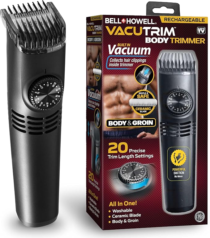 Bell+Howell Vacutrim Cordless Body Shaver for Men, Rechargeable Grooming Tool with 20 Trim Settings, Integrated Vacuum System - Black, 7.5", As Seen On TV