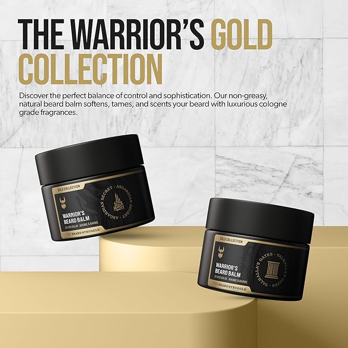 The Beard Struggle Warrior’s Beard Balm - Gold Collection, Asgardian Secret - Non-Greasy Low-Hold Formula, Luxurious Cologne-Grade Fragrances 100% Natural and Plant-Based Ingredients - 50g