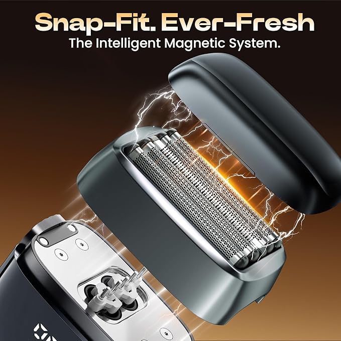 Electric Foil Shaver for Men: Upgraded 5-Blade System, IPX8 Waterproof & LED Display, 2 Power Levels, USB-C Fast Charge with Magnetic Guard & Brush Flannel Gray