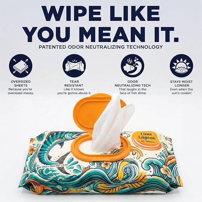 Wahoo Wipes – Durable Odor-Neutralizing Wet Wipes for Fishing, Hunting, Field Dressing, Boating, and Outdoor Gear Cleaning, 42 Count, 1 Pack, by Dirty Ducks LLC.