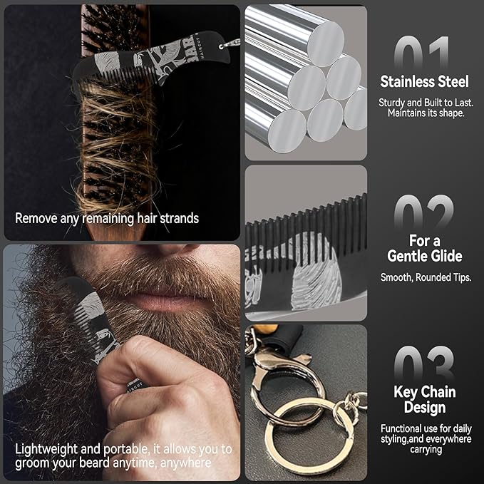 Men's Stiff Boar Bristle Beard and Hair Brush, Walnut Handle with Mini Metal Keychain Comb, Portable Grooming Duo for Travel Home Use