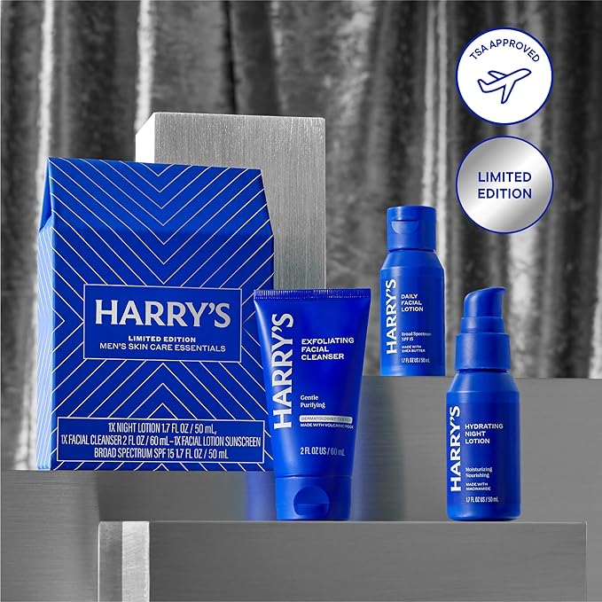 Harry's Limited Edition Holiday Gift Set for Men, Men's Skincare Essentials (2 oz Exfoliating Face Wash, Daily Face Lotion with SPF 15, Hydrating Night Lotion)