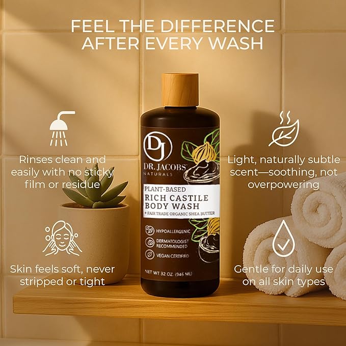 Dr. Jacobs Naturals Pure Castile Soap Liquid Body Wash, Sandalwood - Plant Based Soap Infused with Vitamin E and Aloe Vera to Moisturize Dry and Sensitive Skin - Made in The USA - 16 oz