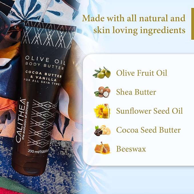 Calithea Body Butter with Cocoa Butter, Vanilla, and Olive Oil Deeply Hydrating and Nourishing
