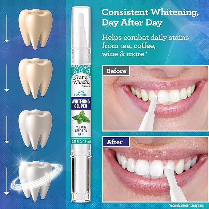 GuruNanda Teeth Whitening Pen,(0.06 fl oz)-20 Uses, Vegan & Gentle on Teeth Pro Formula - Hydrogen Peroxide Whitening Gel Pen, Cruelty-Free, Mint Flavor (Pack of 2)