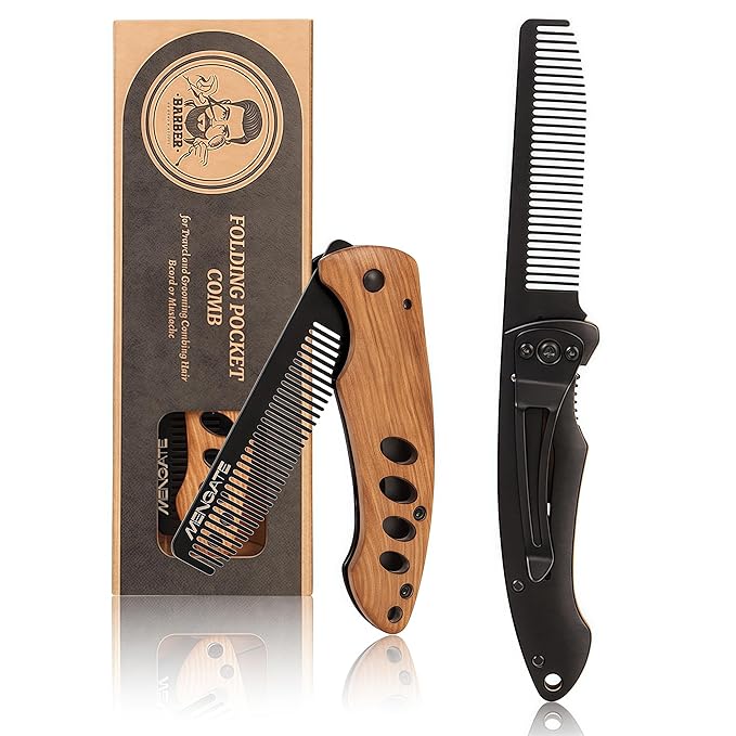 1PC Small Folding Pocket Beard & Mustache & Hair Styling Comb for Men - Metal Tactical Grooming Tool with Wooden Handle for Travel & Home Use - Idea for Stocking Stuffers - Length 6.57inch - Black