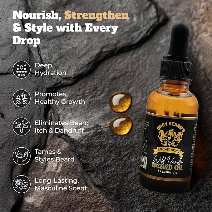 Grey Beard's Grooming Lounge Wild Vanilla Beard Oil for Men 1 fl oz - Natural Leave-In Conditioner with Jojoba Argan and Grapeseed Oils
