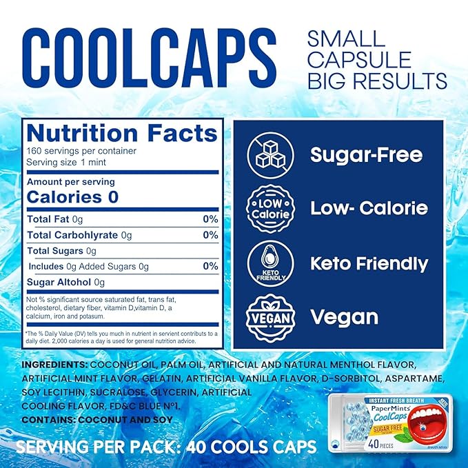 PaperMints CoolCaps Breath Mints Peppermint - Dual Action Liquid Capsules for Instant Fresh Breath Freshener, Fast-Dissolves, Sugar-Free Mint Capsules - 3 pack of 60 pieces - 180 Total