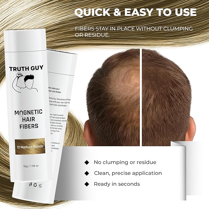 Truth Guy Magnetic Hair Building Fibers for Thinning Hair - Adds Volume & Thickness with Static Electricity Technology - Easy Application for Men & Women, Quick Results, Mess-Free. 2 oz. Medium Brown