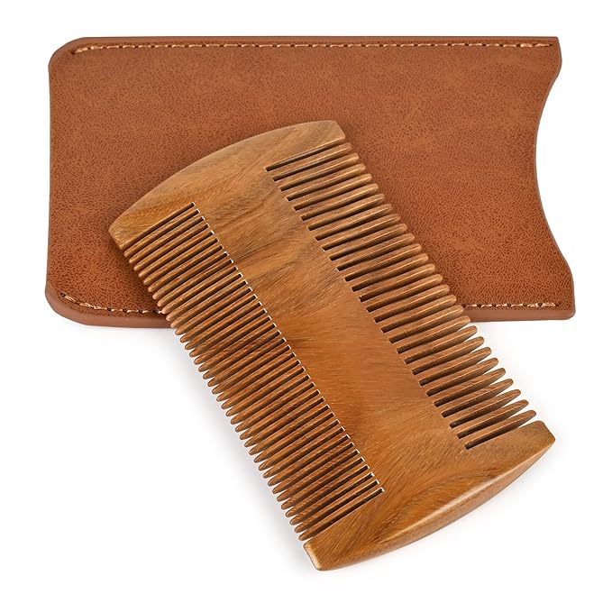 Onedor Handmade 100% Natural Green Sandalwood Wooden Comb for Men Hair, Beard, and Mustache Styling Pocket Comb With Leather Case