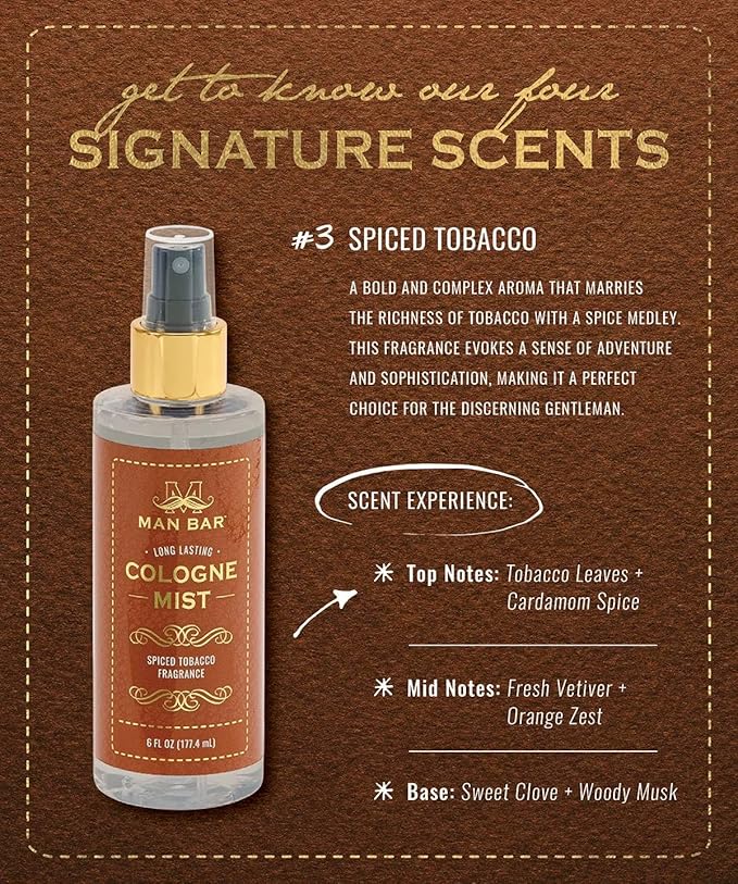 San Francisco Soap Company MAN BAR Cologne Mist Spiced Tobacco - Long Lasting - Created with the Man in Mind - 6 fl oz