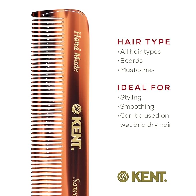 Kent FOT Handmade Pocket Comb for Men, Women and Kids, All Fine Tooth Hair Comb Straightener for Everyday Grooming and Styling Hair, Beard and Mustache, Saw Cut and Hand Polished, Made in England