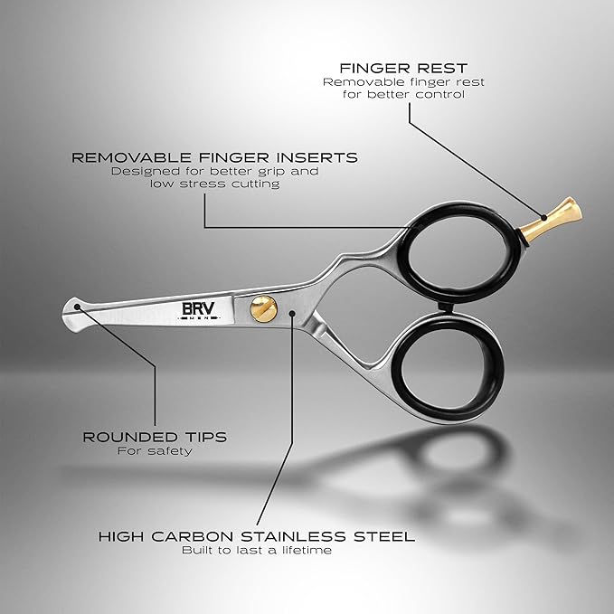 BRV MEN Rounded-Tip Small Trim Scissors for Men 4.2" | High Carbon Stainless Steel | Nose Hair for Men | Professional Grooming Scissors for Beard, Mustache & Ear Hair - RIGHT HANDED (Silver)