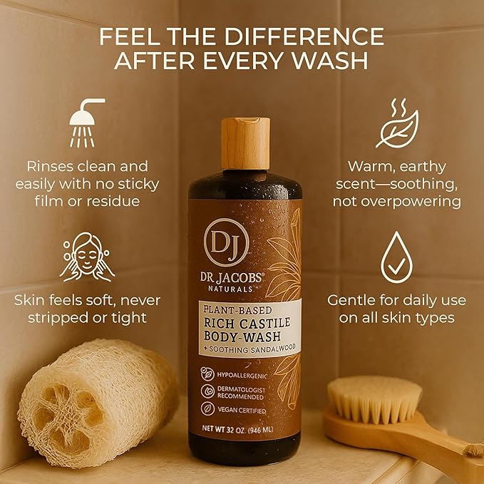 Dr. Jacobs Naturals Pure Castile Soap Liquid Body Wash, Sandalwood - Plant Based Soap Infused with Vitamin E and Aloe Vera to Moisturize Dry and Sensitive Skin - Made in the USA - 32 oz, Pack of 2