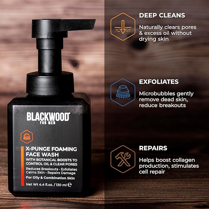 Blackwood For Men X-Punge Foaming Face Wash, Natural Men's Face Cleanser for Normal to Oily Skin | Fights Acne, Reduces Redness, Calms Skin, Exfoliates, Moisturizes | Sulfate Free, Paraben Free, Vegan