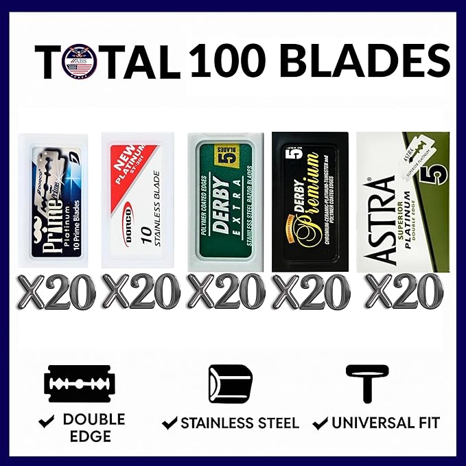 Double Edge Safety Razor Blades Sampler Pack for Men-Includes 3 Top Global Brands: Dorco Astra Derby-Comfortable Shaving –Fits All Double Edge Safety Razors (100)