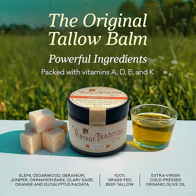Vintage Tradition Beef Tallow All Purpose Balm - Healing, Hydrating Spice Oils Skin Care Salve Replaces Body Lotion, Hand Cream, More - Essential Oil, Olive Oil, and Grass-Fed Tallow, 2 fl. oz.