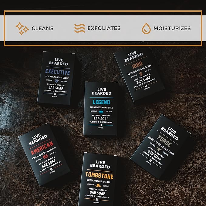 Live Bearded All-Natural Bar Soap for Men, 3-Pack of 5 oz - Made in the USA - Exfoliates and Moisturizes - Charcoal, Pumice, Shea Butter | Executive Scent - Cedar, Vanilla