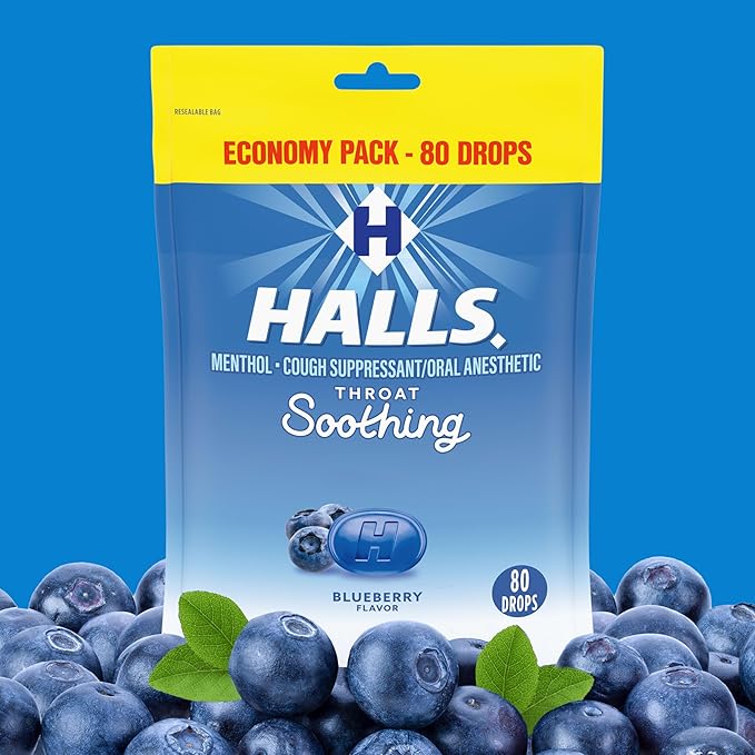 Halls Throat Relief Blueberry Cough Drops, Value Pack, 80 Drops