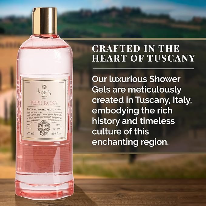 Logevy Pepe Rosa Shower Gel – Indulgent Pink Pepper Aroma Made from the Best Skin-Friendly Ingredients, Rich in Nutritional Properties for Rejuvenating, Hydrating, and Soothing Action – 500ml