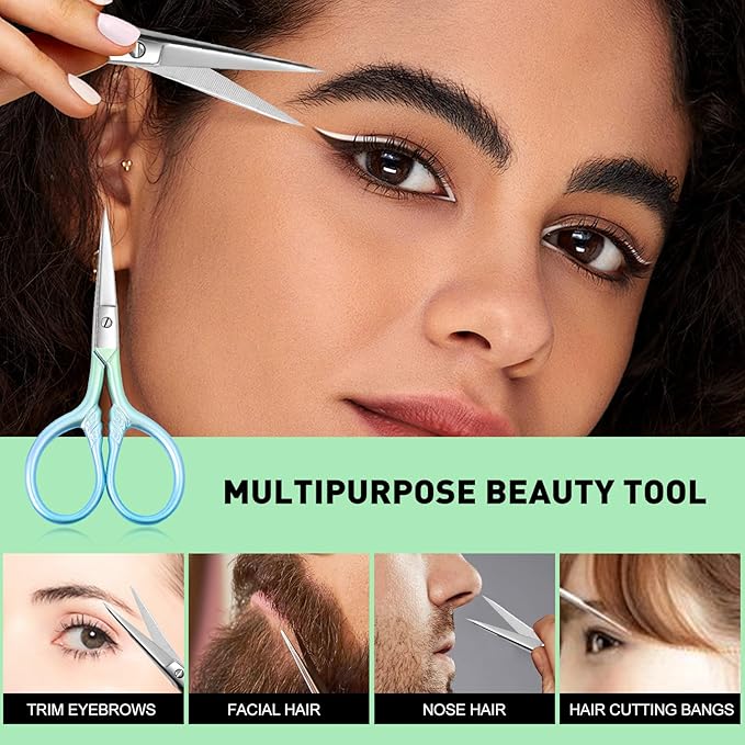 Small facial hair scissors, stainless steel (blue) versatile retro beauty kit for men's and women's bathrooms, nose hair, eyebrows, eyelashes, beard trim, with PU sheath