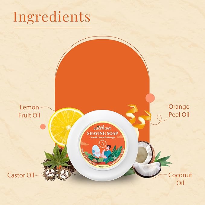 Satthwa Organic Shaving Soap Puck infused with Neroli, Lemon & Orange | Create the Perfect Lather | Excellent for Silky Smooth Shaves | Hydrates and Shields, 50g (1.7oz)