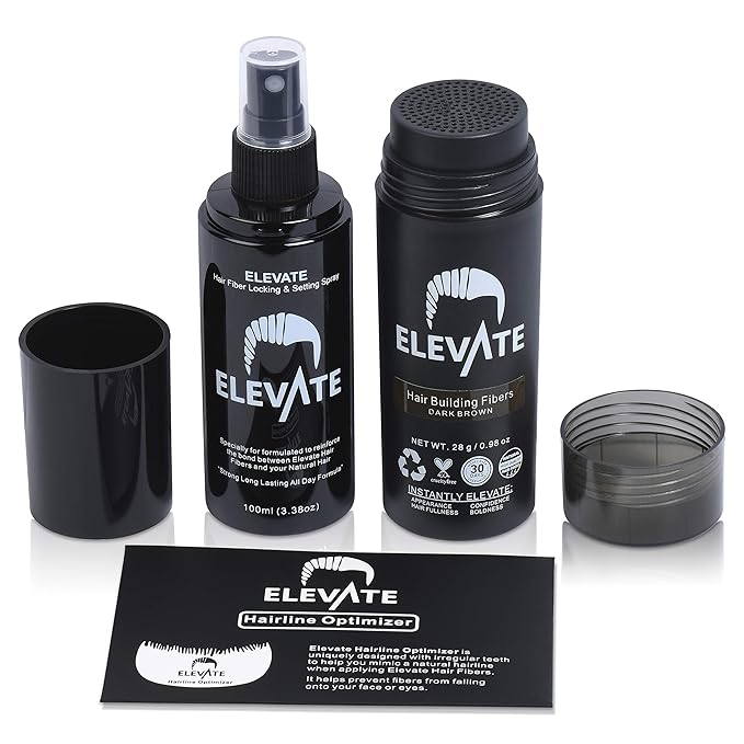 Elevate Hair Building Fibers 3-in-1 Kit for Thinning Hair (Dark Brown) Keratin Hair Thickening Powder with Fiber Lock Spray & Hairline Optimizer Comb - Instant Concealer Applicator for Men & Women