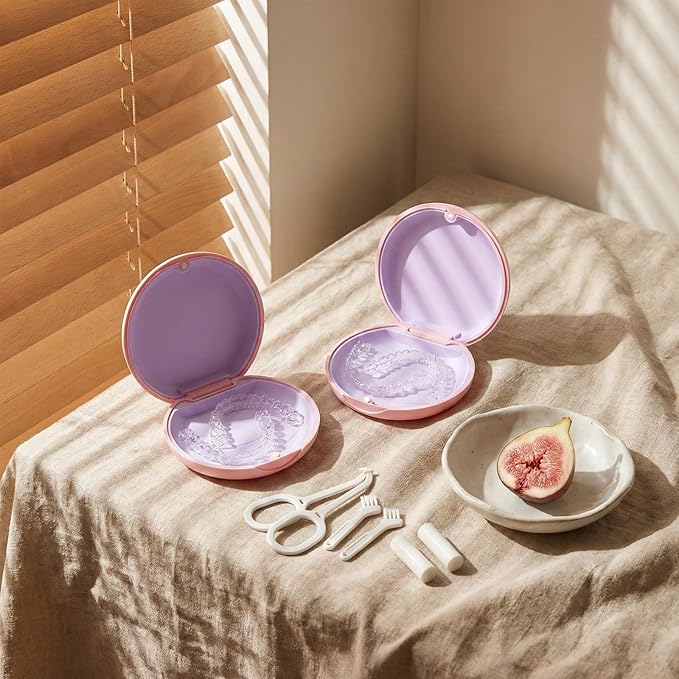 2 Pack Retainer Case, Compatible with Invisalign, Slim Aligner Case with Removal Tool, Aligner Seaters & Brush, Pocket Size Secure Magnetic Closure for Travel - Pink & Lavender