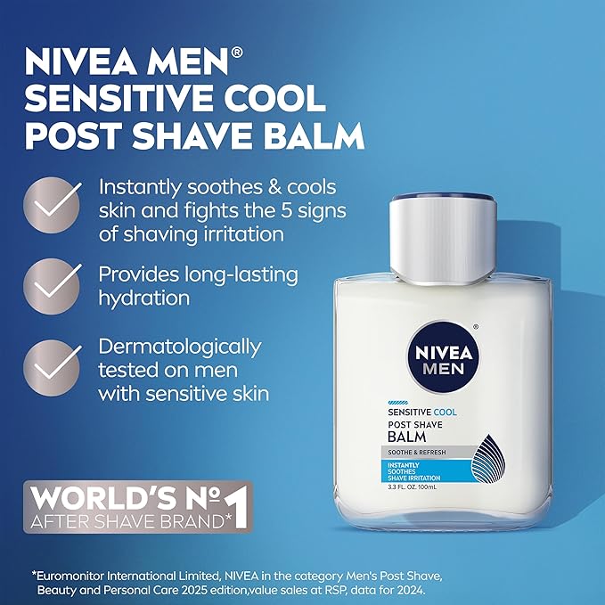 NIVEA MEN Sensitive Cooling Post Shave Balm with Vitamin E, Chamomile and Seaweed Extracts, 3 Pack of 3.3 Fl Oz Bottles