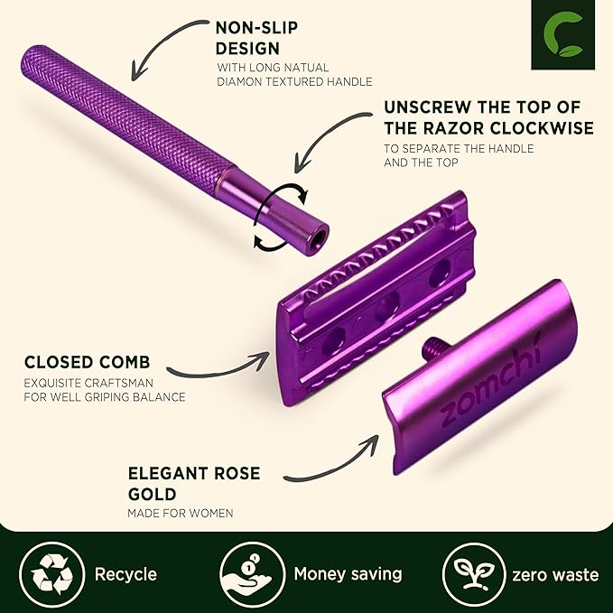 ZOMCHI Double Edge Safety Razor with Stand, Safety Shaving Razor with 10 Double Edge Safety Razor Blades, Eco-Friendly Razor for Shaving – Purple