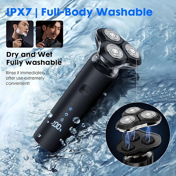 Black Electric Razor for Men with 3-Blade Rotary System, Touch Switch, LED Display, Travel Lock