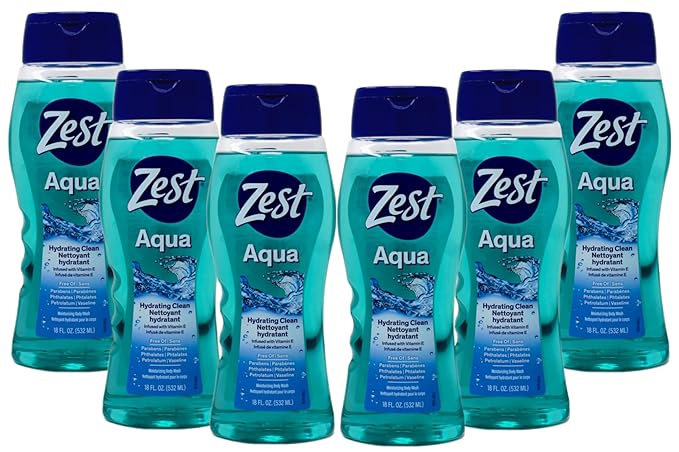 Zest Hydrating Body Wash - Aqua - Moisturizing Body Wash for Men and Women - Bath Soap with Vitamin E - Gentle Paraben Free Formula - 6 pc