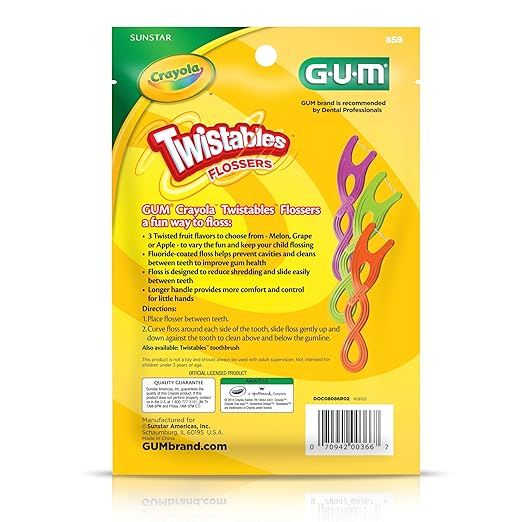 GUM Crayola Twistables Kids Flossers with Fluoride - Designed for Little Hands - Three Fun Fruit Flavors - Easy to Use Kids Floss Picks for Children Ages 3+, 90 Count