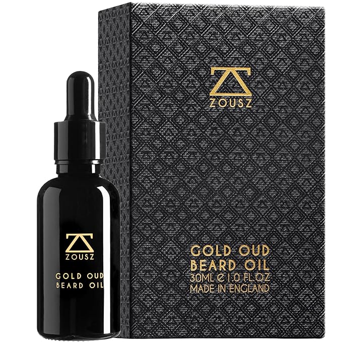 ZOUSZ Gold Oud Beard Oil for Men – Premium Beard Growth & Conditioning Oil with Argan & Organic Oils – Softens, Strengthens & Moisturizes – Non-Greasy Vegan Grooming Gift – 30ml