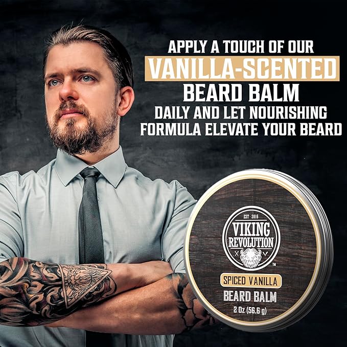 Viking Revolution Spiced Vanilla Beard Balm - Beard Butter with Argan Oil, Beard Softener for Men with Jojoba Oil - Beard Moisturizer for Men with Beeswax - Beard Wax for Men (2oz, 1 Pack)