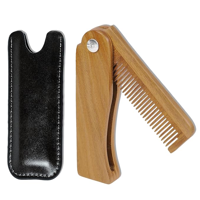 All-Natural Wooden Beard Comb with Sandalwood w/Carrying Pouch for Hair, Beards, and Mustaches. Excellent for removing knots and free of pulls and static.