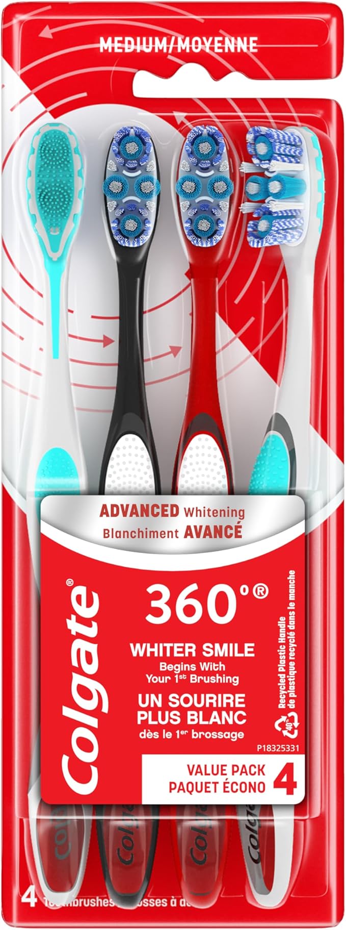Colgate 360 Advanced Whitening Medium Toothbrush Pack, 4 Adult Medium Toothbrushes with Cheek and Tongue Cleaner, Helps Clean Your Teeth, Tongue, Cheeks, and Gums, 4 Pack